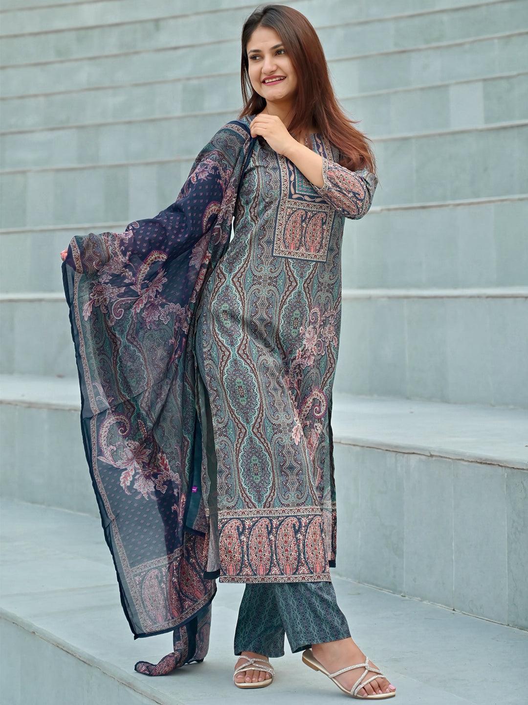 Blue Printed Crepe Straight Kurta With Trousers & Dupatta - Libas