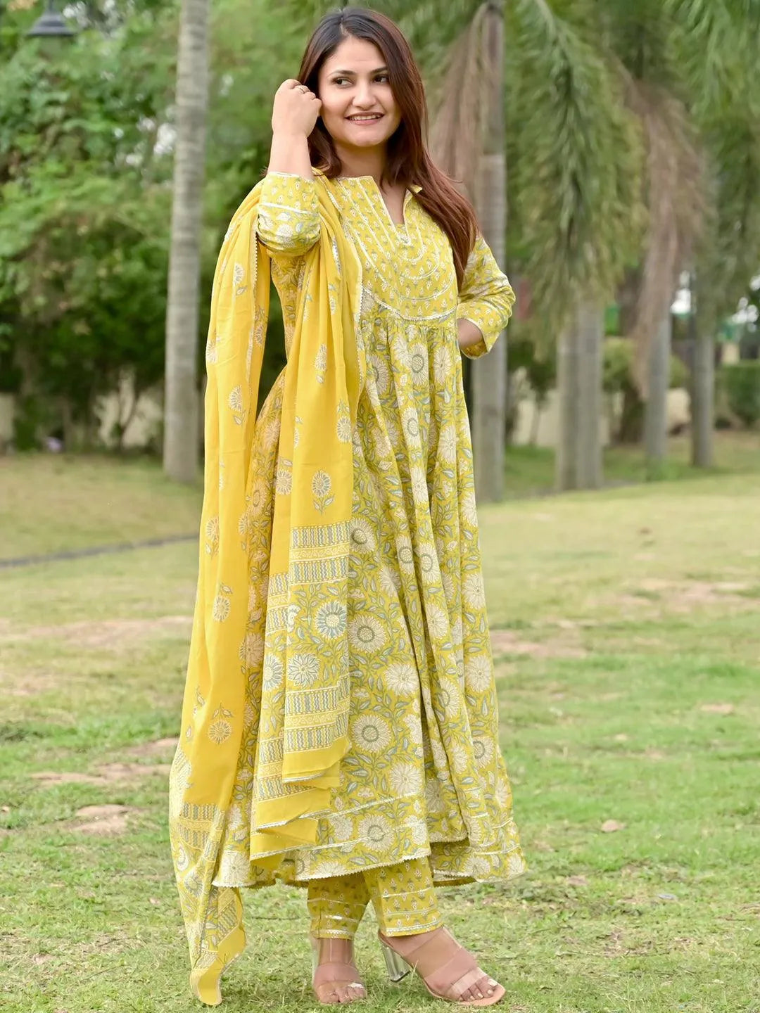 Yellow Yoke Design Cotton Anarkali Kurta With Trousers & Dupatta - Libas 