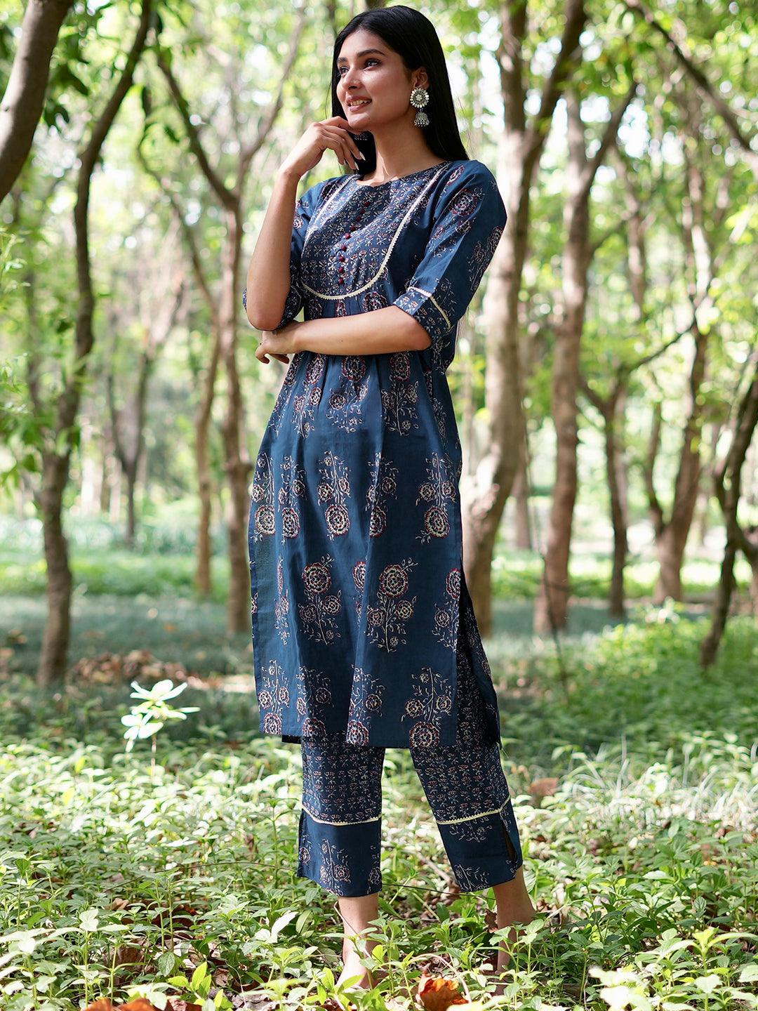 Blue Printed Cotton Straight Kurta With Trousers - Libas