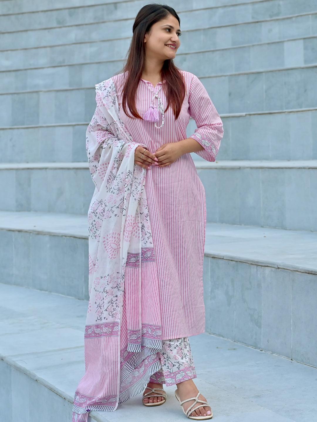 Pink Printed Cotton Straight Kurta With Trousers & Dupatta - Libas