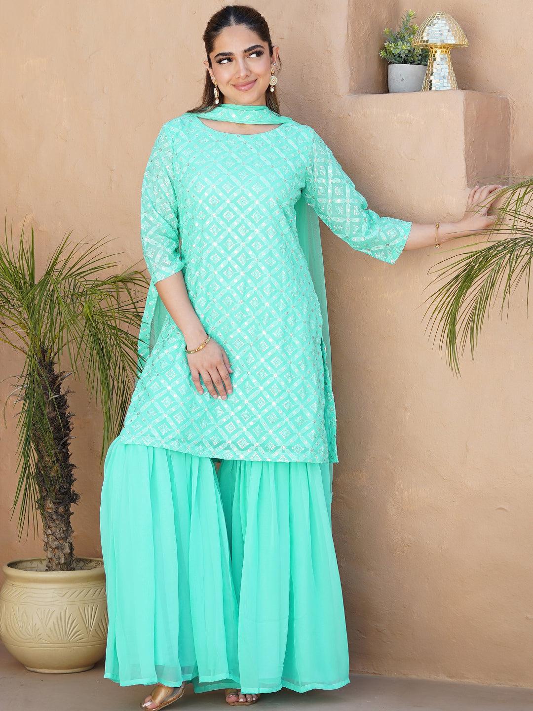 Sea Green Embroidered Georgette Straight Sharara Suit Set With Dupatta - Libas 