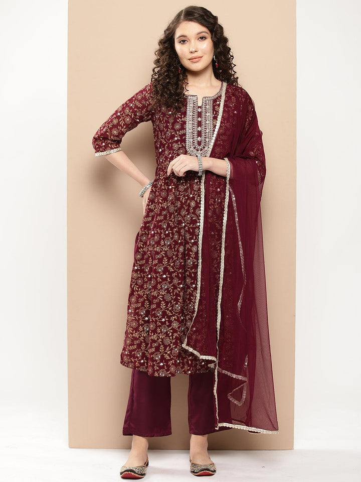 Burgundy Yoke Design Georgette A-Line Kurta With Trousers & Dupatta - Libas