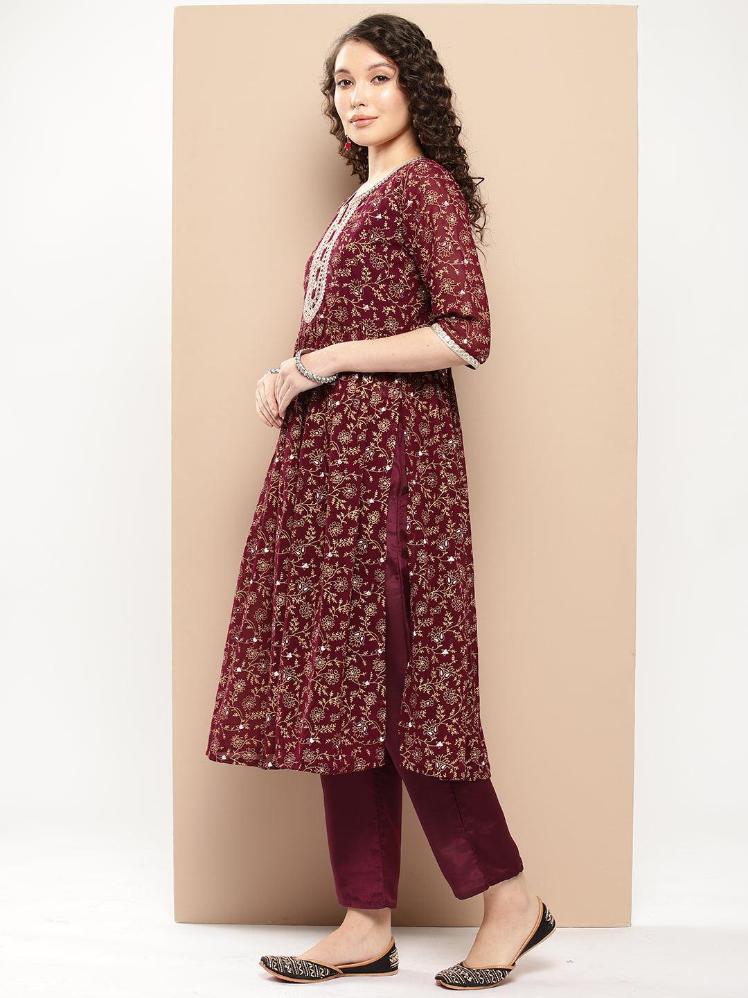 Burgundy Yoke Design Georgette A-Line Kurta With Trousers & Dupatta - Libas