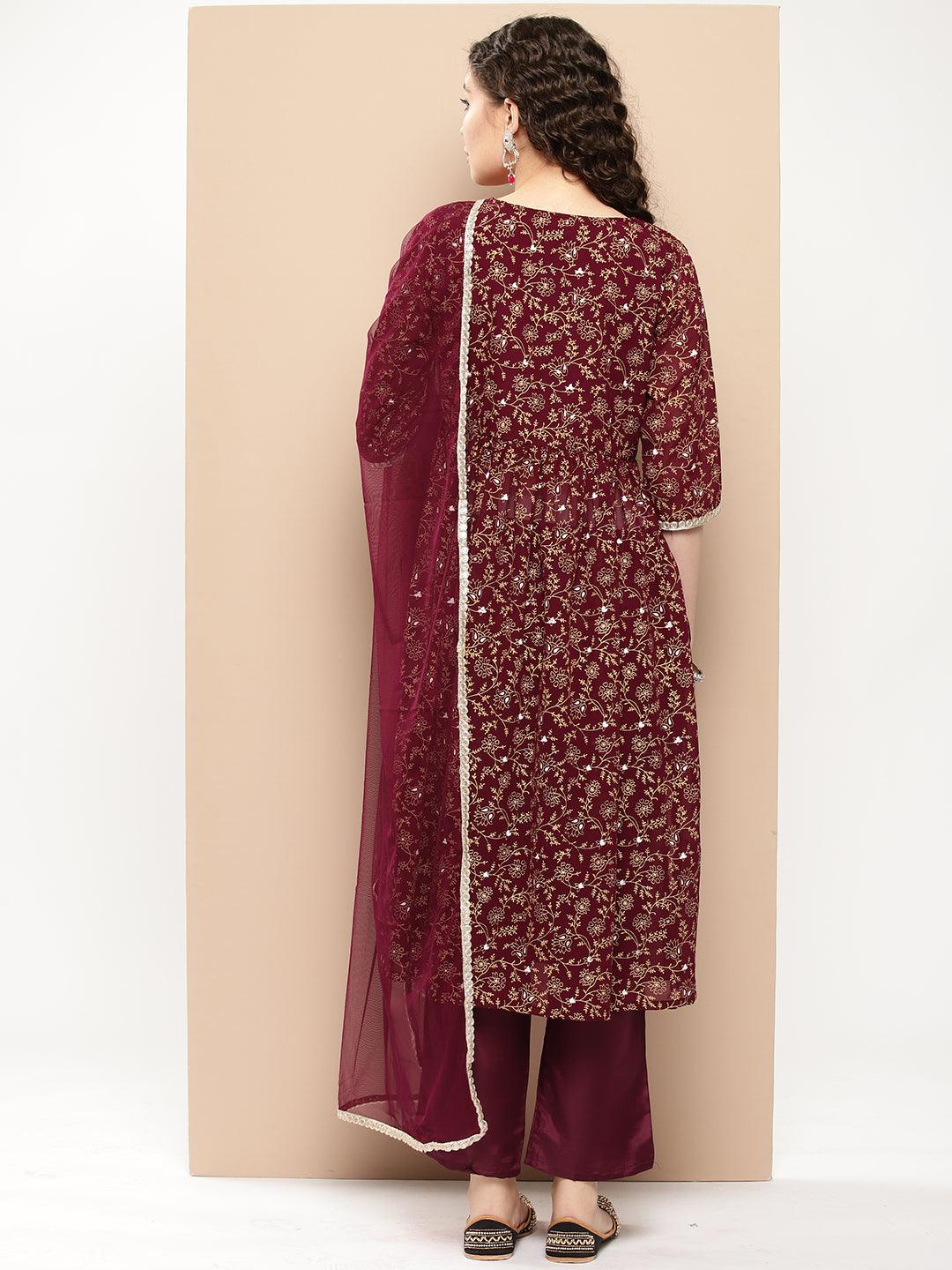 Burgundy Yoke Design Georgette A-Line Kurta With Trousers & Dupatta - Libas