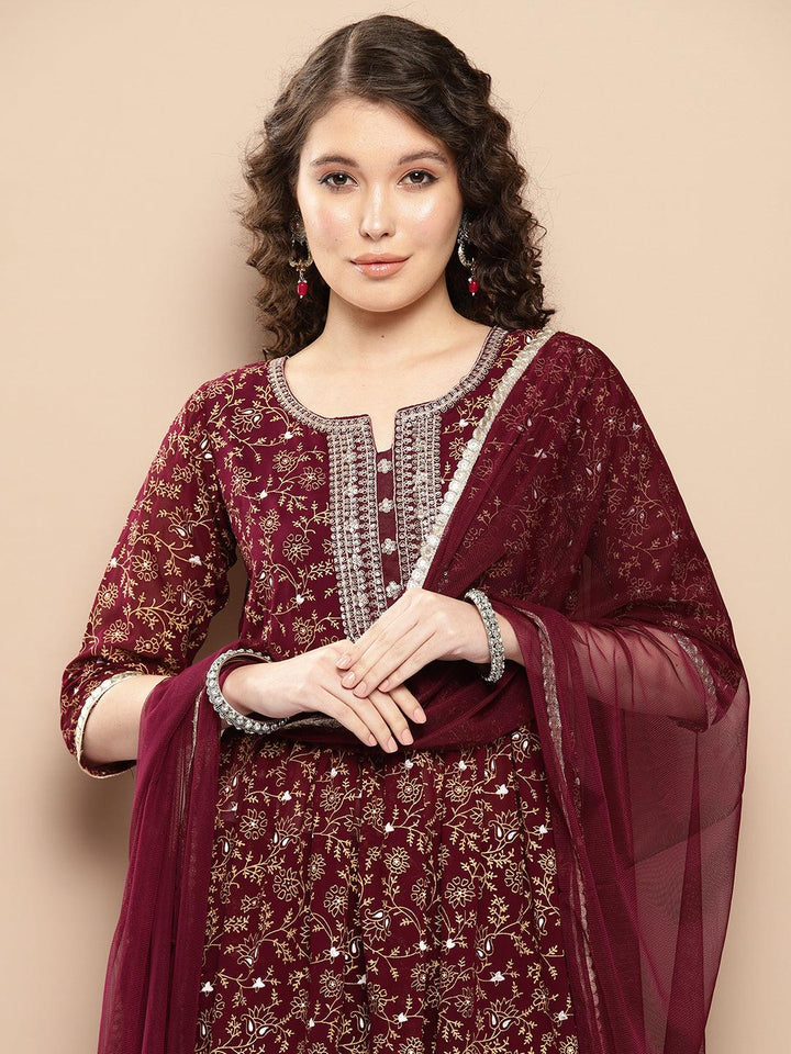 Burgundy Yoke Design Georgette A-Line Kurta With Trousers & Dupatta - Libas