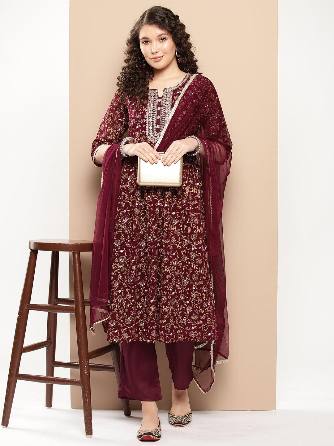 Burgundy Yoke Design Georgette A-Line Kurta With Trousers & Dupatta - Libas