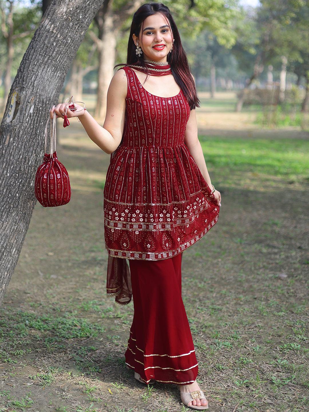 Maroon Embroidered Georgette A-Line Sharara Suit Set With Dupatta - Libas 