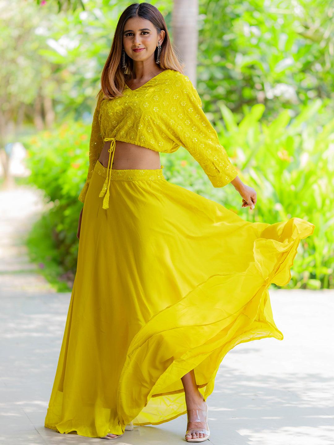 Mustard Embroidered Georgette Lehenga - Libas 