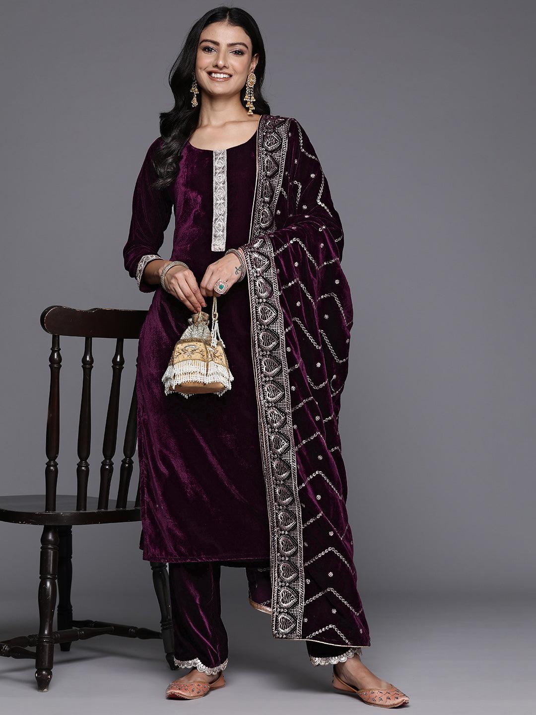 Wine Solid Velvet Straight Suit With Dupatta - Libas