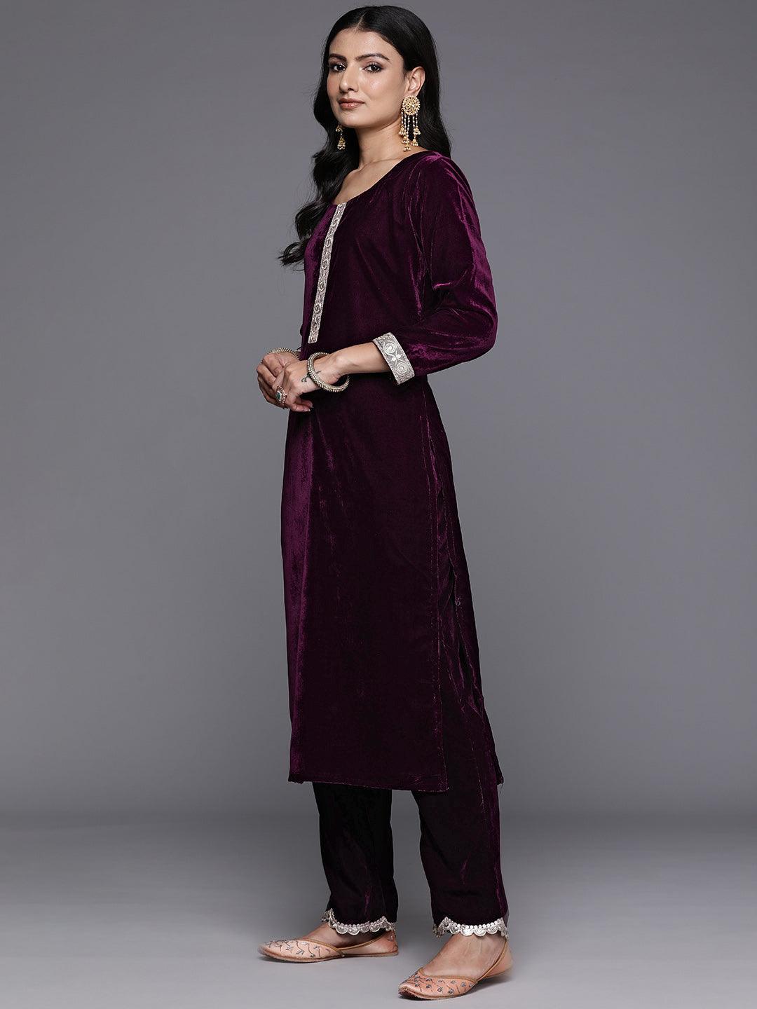 Wine Solid Velvet Straight Suit With Dupatta - Libas