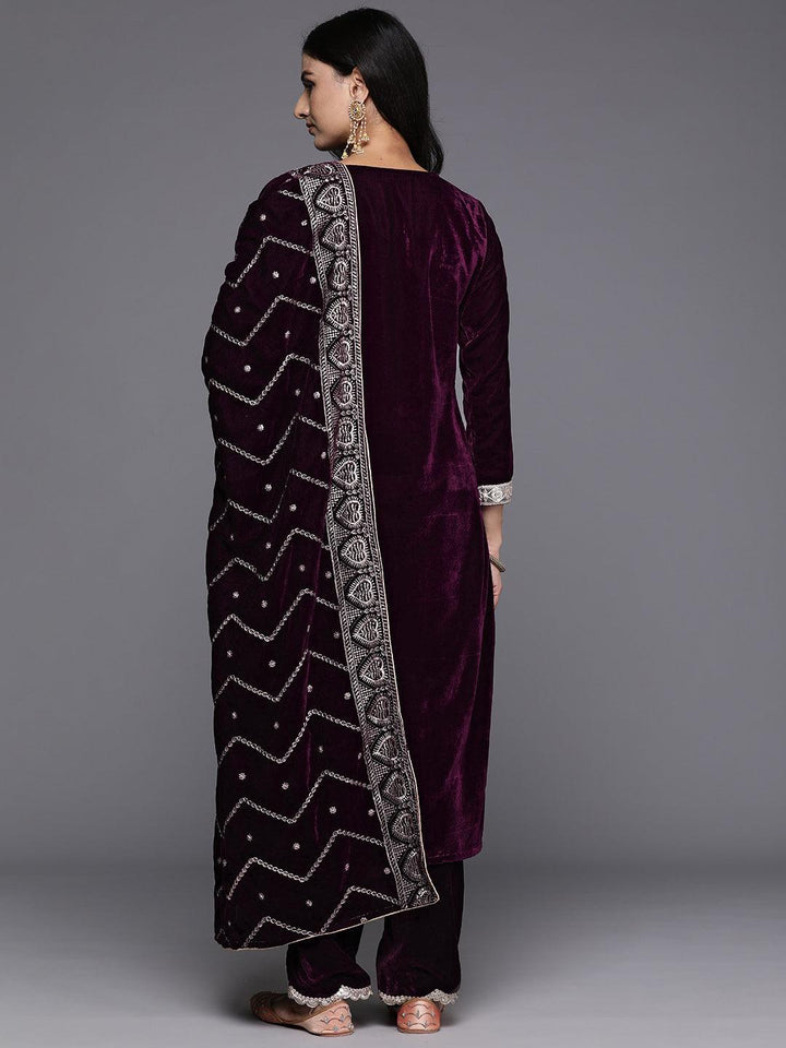 Wine Solid Velvet Straight Suit With Dupatta - Libas