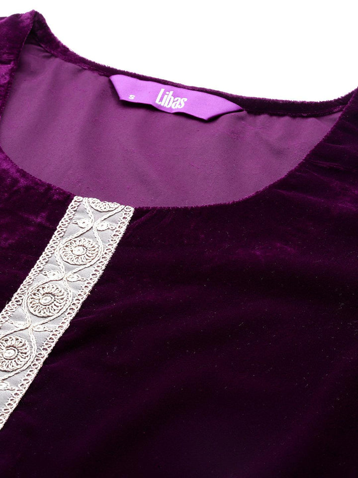 Wine Solid Velvet Straight Suit With Dupatta - Libas