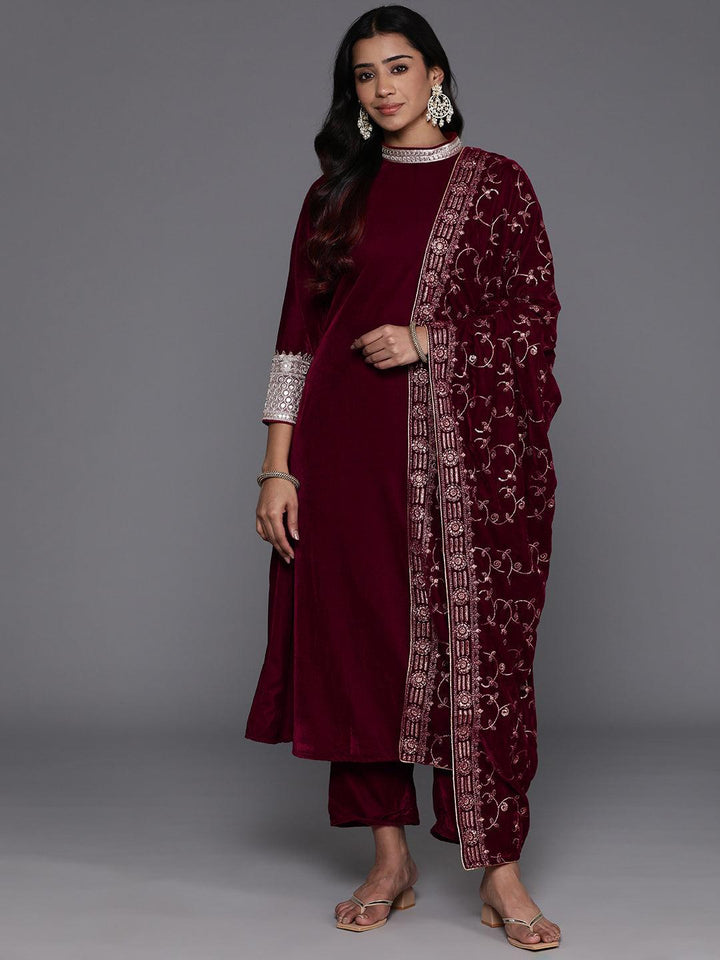 Maroon Embroidered Velvet A-Line Kurta With Trousers & Dupatta - Libas