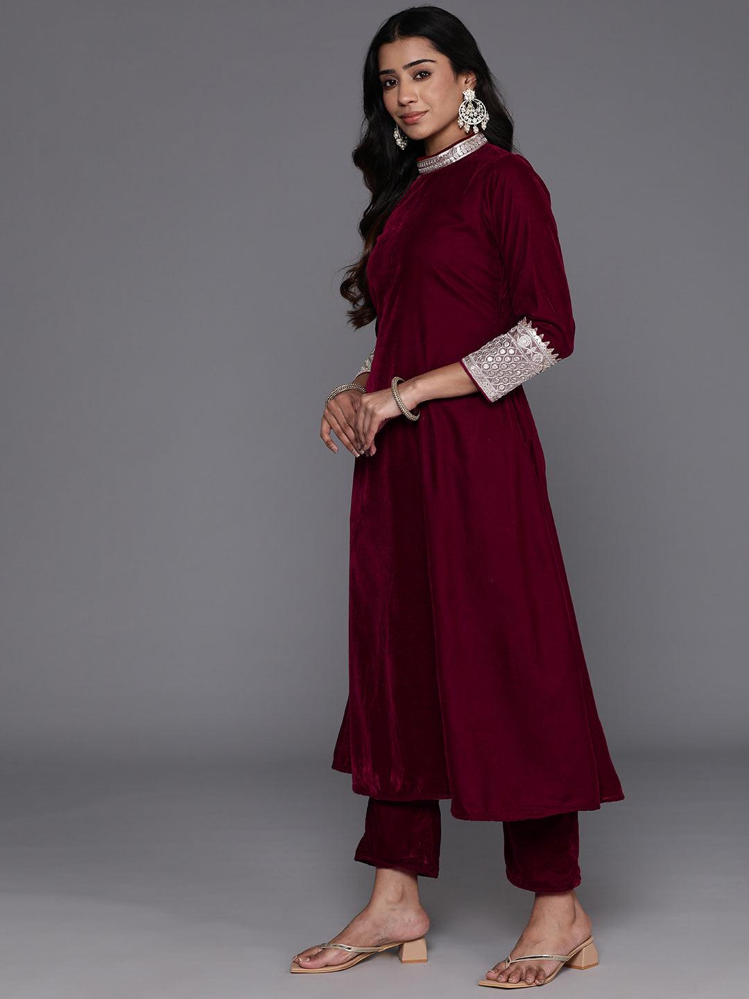 Maroon Embroidered Velvet A-Line Kurta With Trousers & Dupatta - Libas