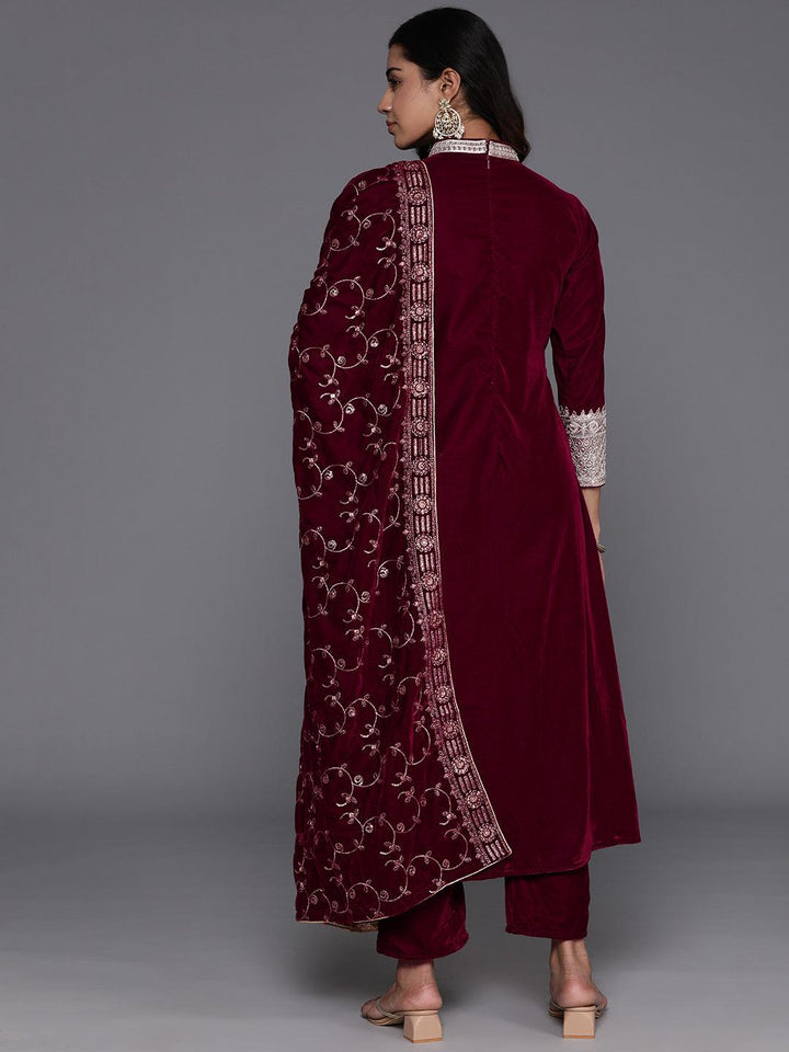 Maroon Embroidered Velvet A-Line Kurta With Trousers & Dupatta - Libas