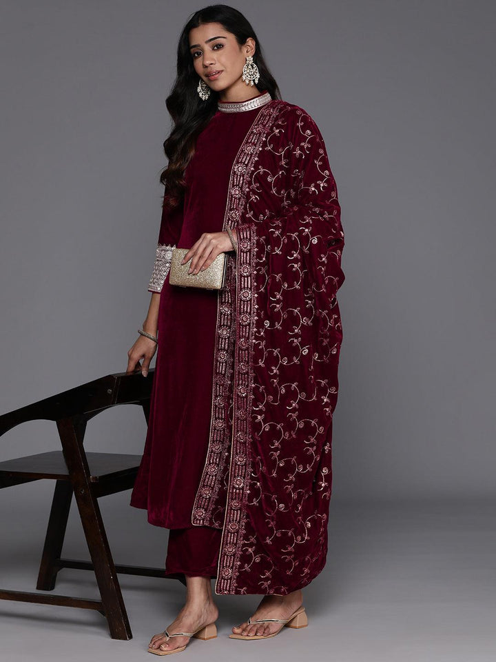 Maroon Embroidered Velvet A-Line Kurta With Trousers & Dupatta - Libas