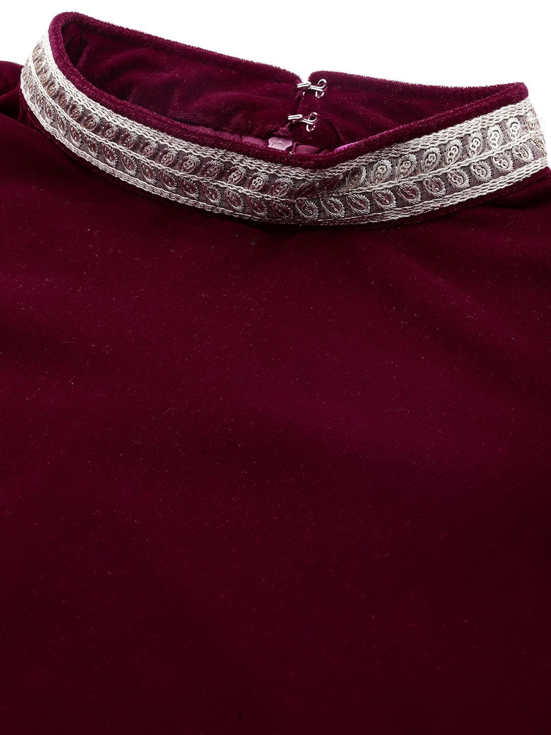 Maroon Embroidered Velvet A-Line Kurta With Trousers & Dupatta - Libas