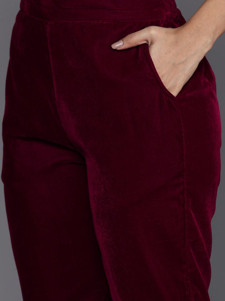 Maroon Embroidered Velvet A-Line Kurta With Trousers & Dupatta - Libas