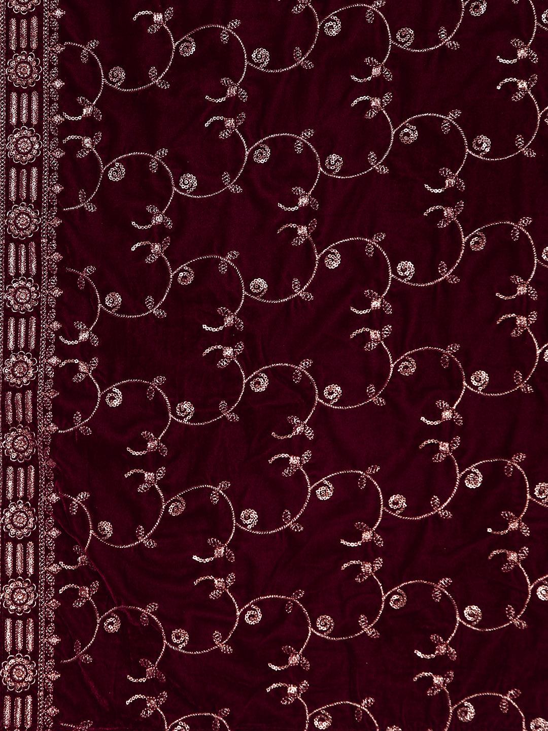 Maroon Embroidered Velvet A-Line Kurta With Trousers & Dupatta - Libas