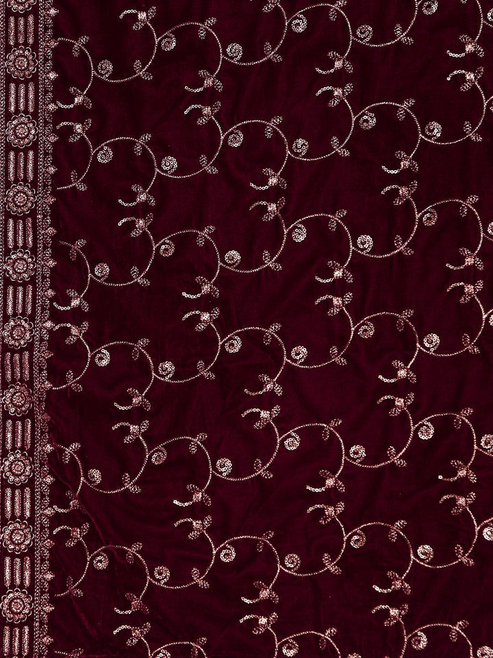 Maroon Embroidered Velvet A-Line Kurta With Trousers & Dupatta - Libas