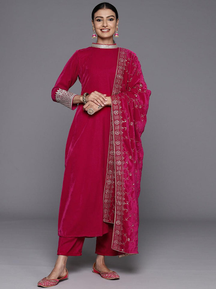 Pink Solid Velvet A-Line Kurta With Trousers & Dupatta - Libas