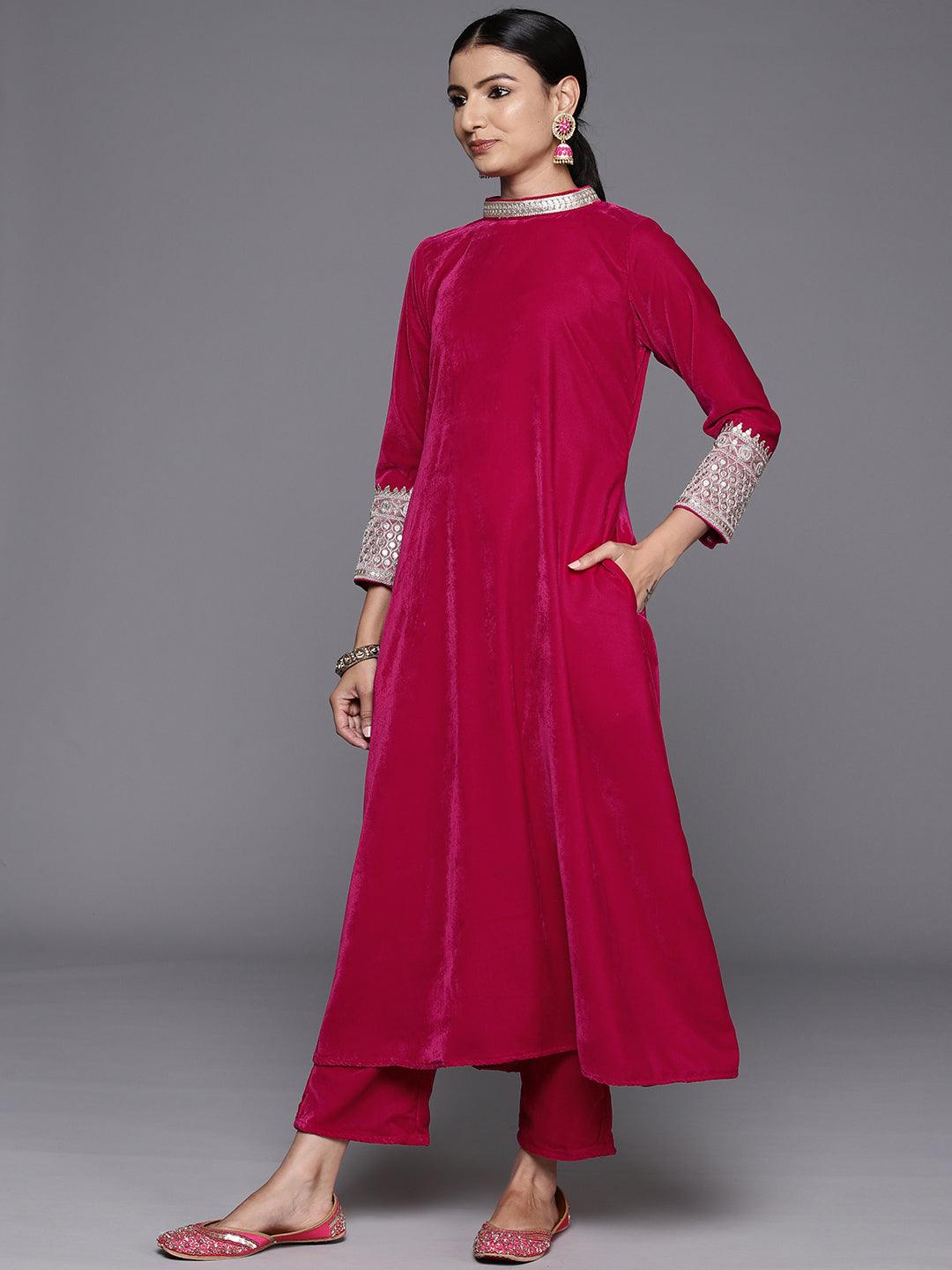 Pink Solid Velvet A-Line Kurta With Trousers & Dupatta - Libas