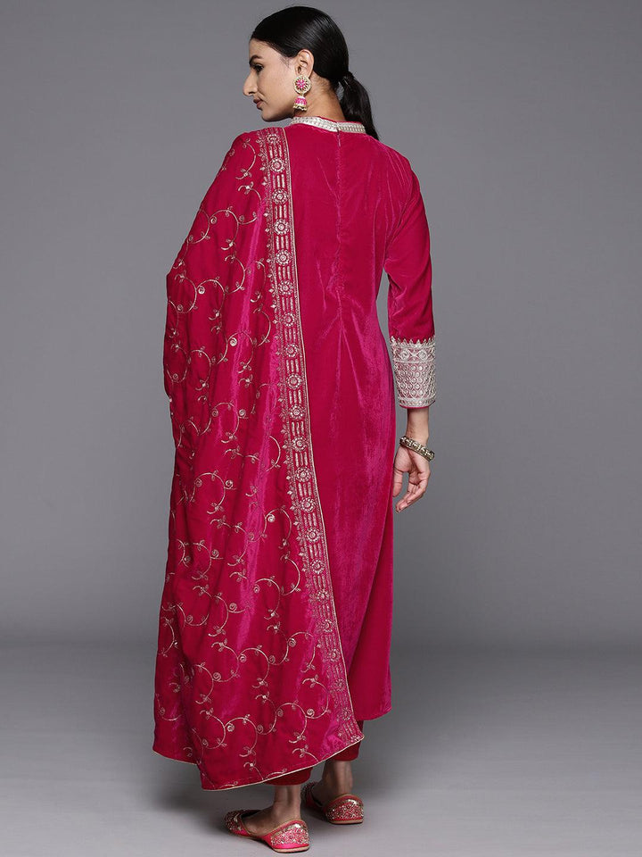 Pink Solid Velvet A-Line Kurta With Trousers & Dupatta - Libas