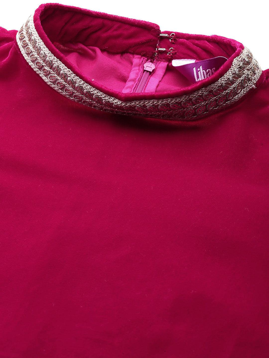 Pink Solid Velvet A-Line Kurta With Trousers & Dupatta - Libas