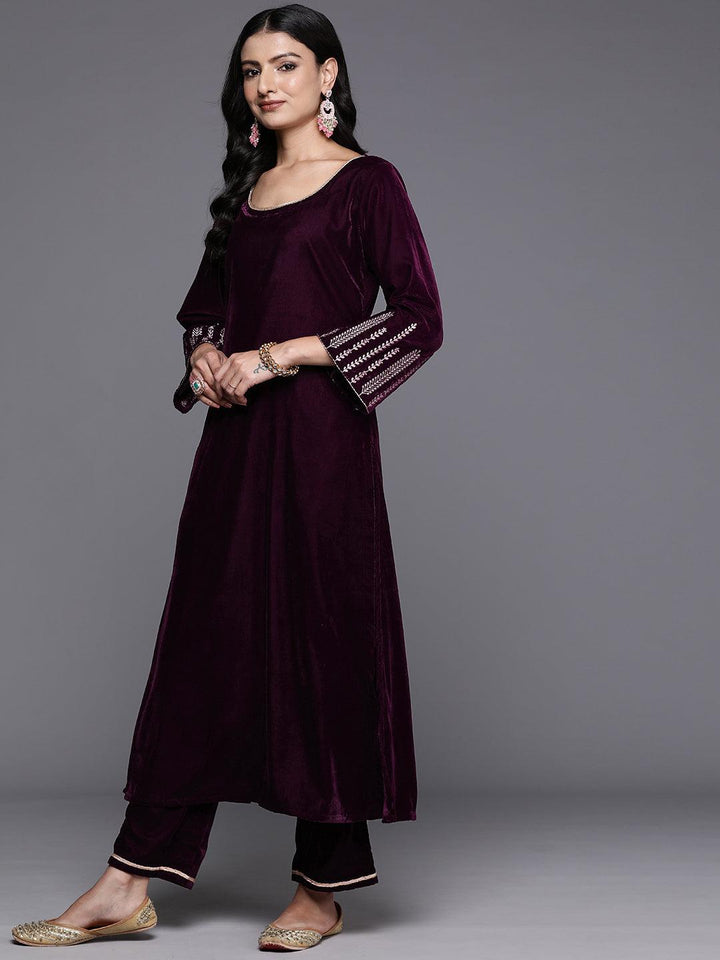 Wine Solid Velvet Straight Suit With Dupatta - Libas