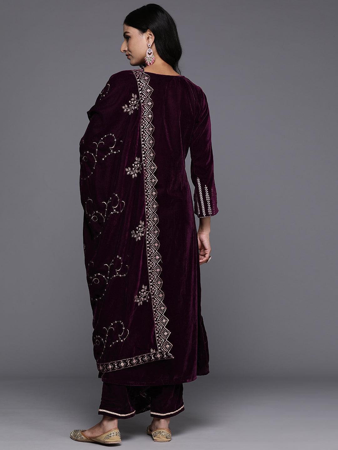 Wine Solid Velvet Straight Suit With Dupatta - Libas