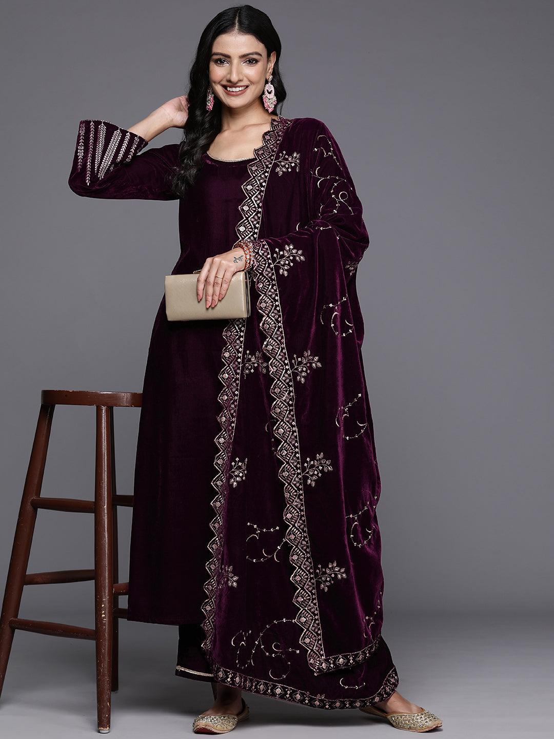 Wine Solid Velvet Straight Suit With Dupatta - Libas