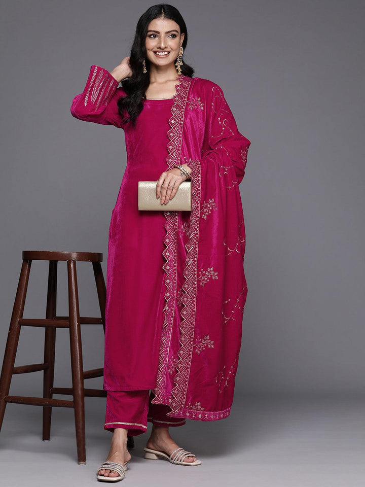 Pink Solid Velvet Straight Suit With Dupatta - Libas