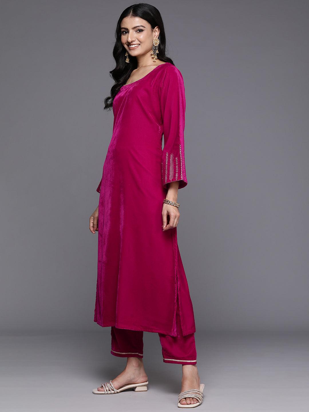 Pink Solid Velvet Straight Suit With Dupatta - Libas