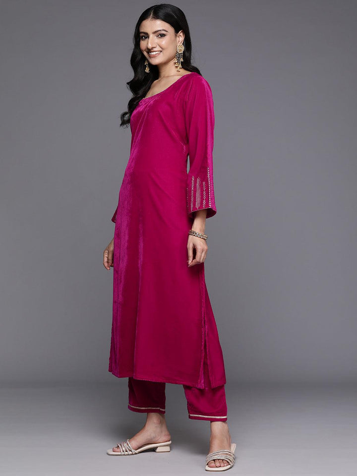 Pink Solid Velvet Straight Suit With Dupatta - Libas