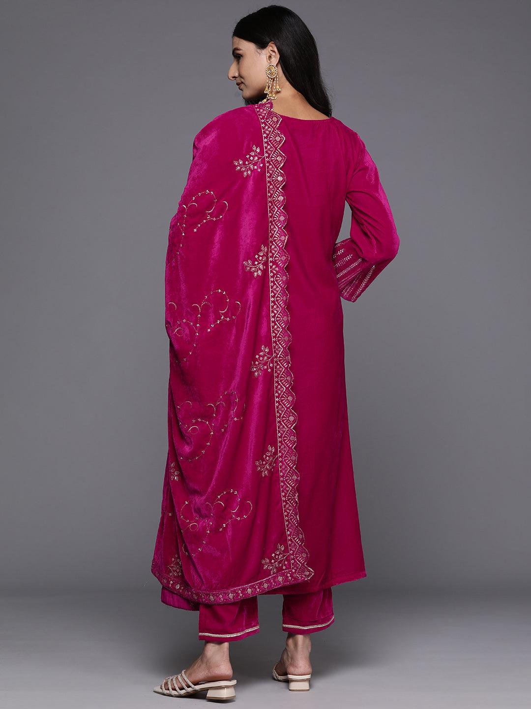 Pink Solid Velvet Straight Suit With Dupatta - Libas