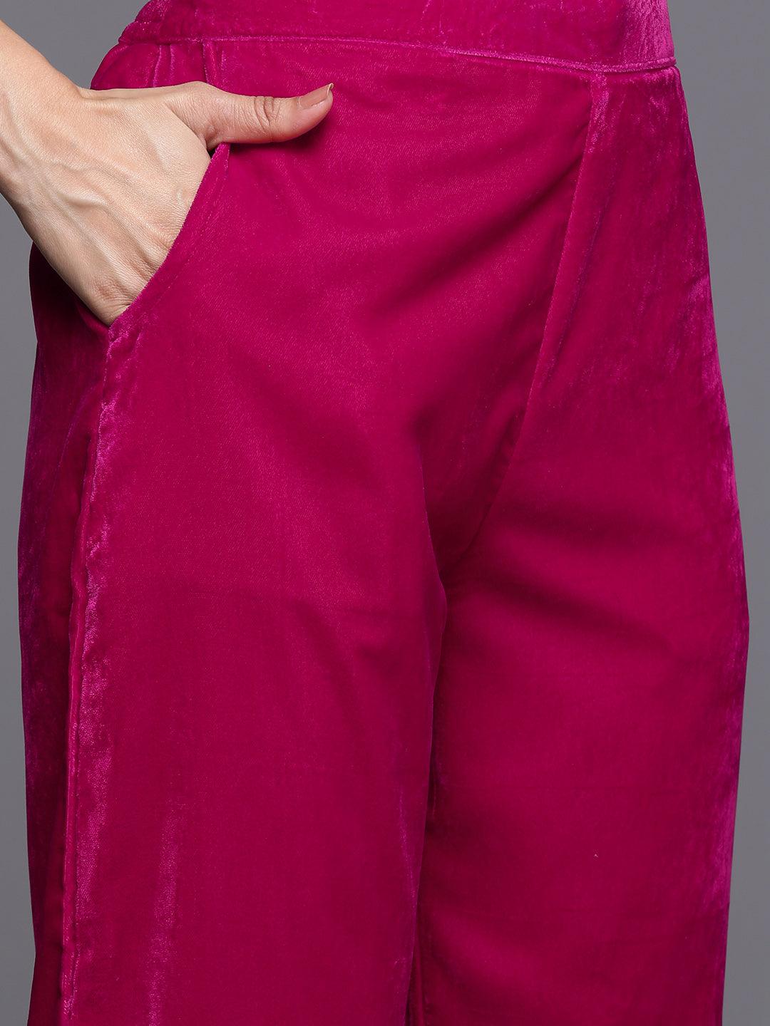 Pink Solid Velvet Straight Suit With Dupatta - Libas