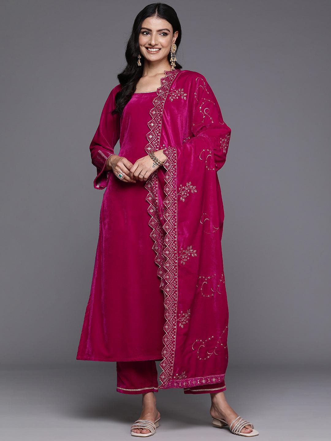 Pink Solid Velvet Straight Suit With Dupatta - Libas