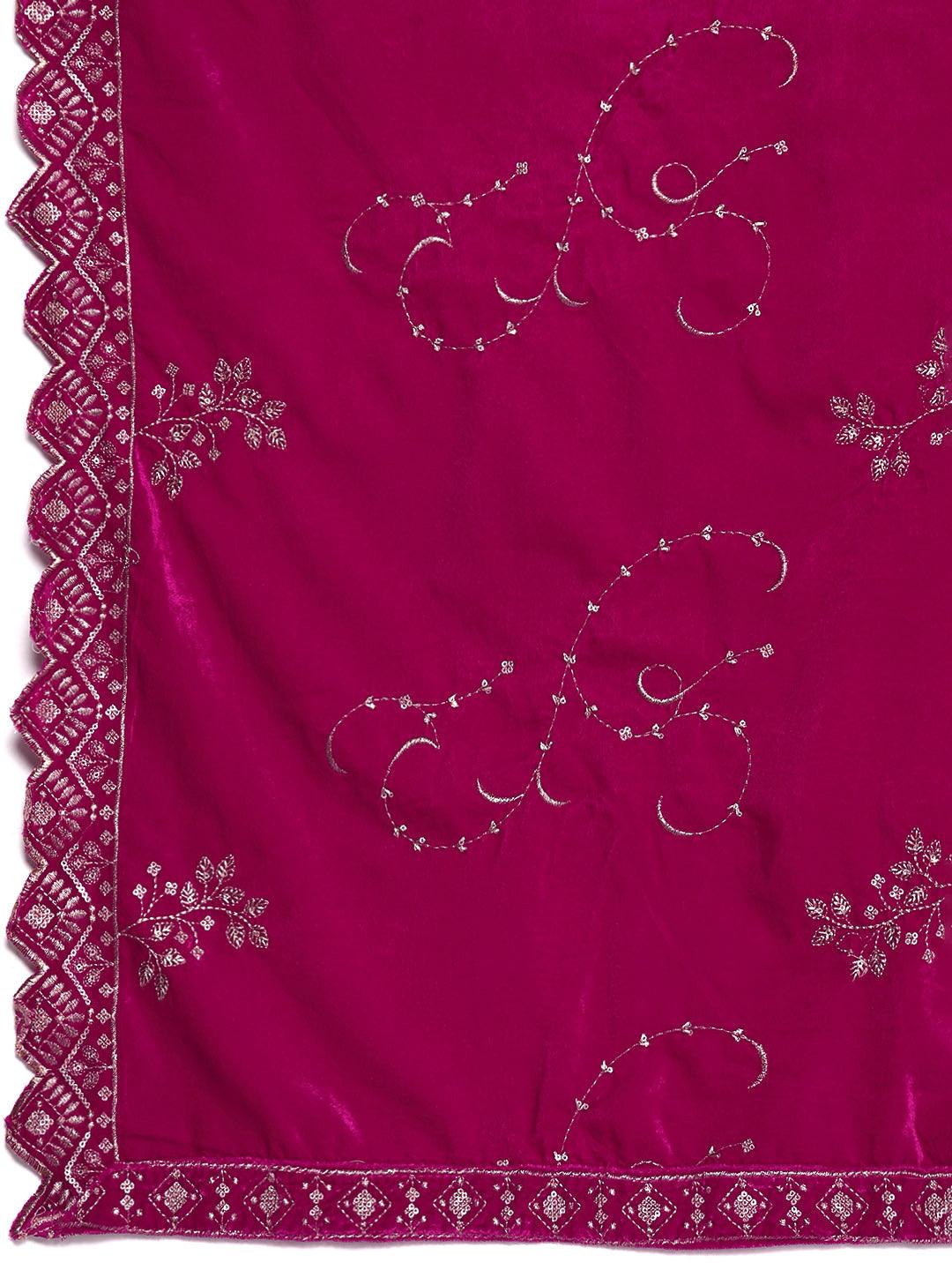 Pink Solid Velvet Straight Suit With Dupatta - Libas