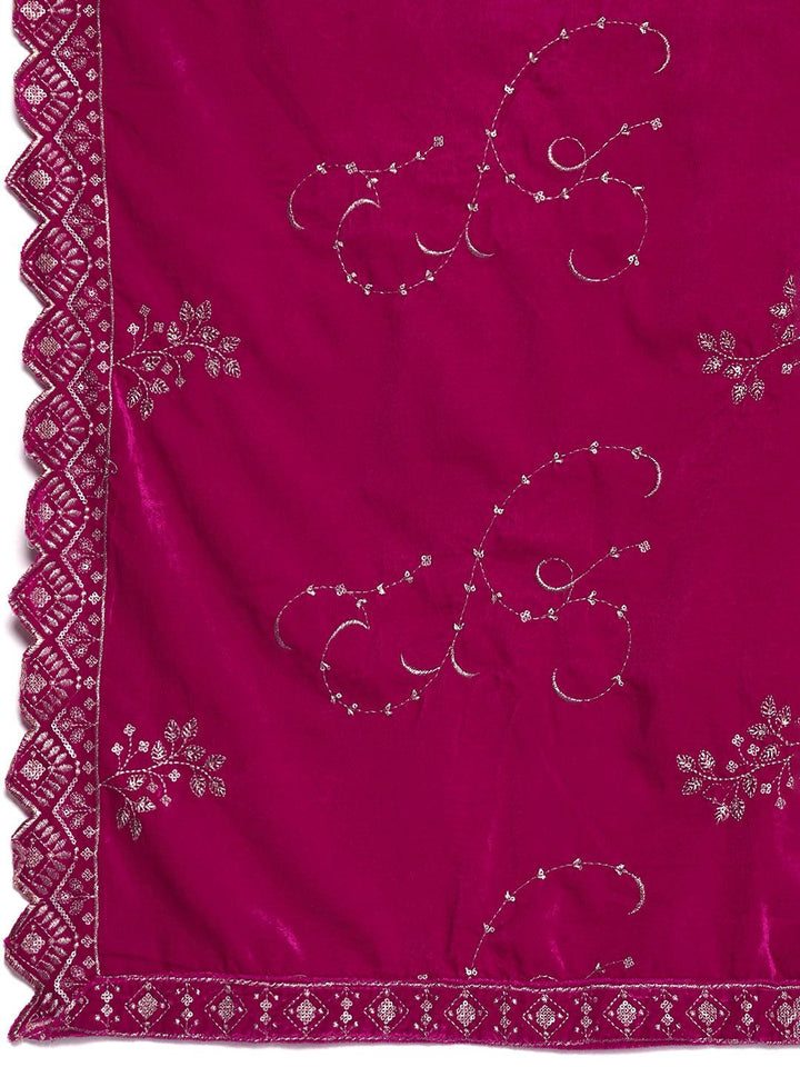 Pink Solid Velvet Straight Suit With Dupatta - Libas