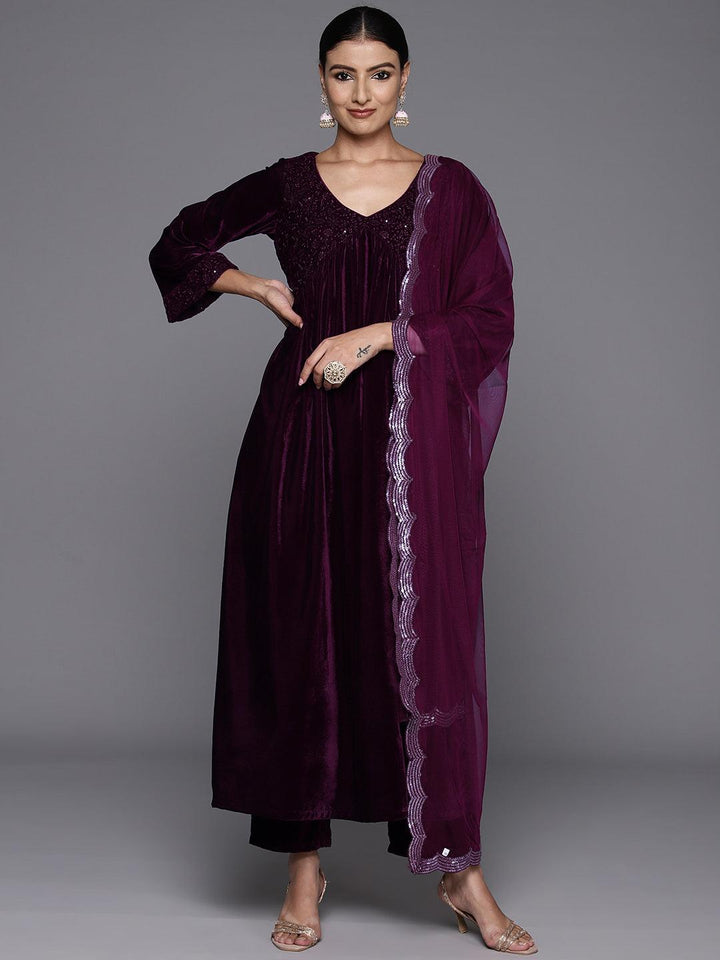 Wine Embroidered Velvet A-Line Kurta With Trousers & Dupatta - Libas