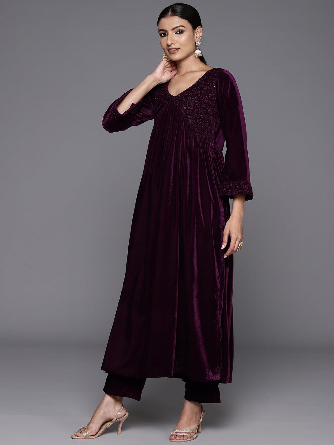 Wine Embroidered Velvet A-Line Kurta With Trousers & Dupatta - Libas