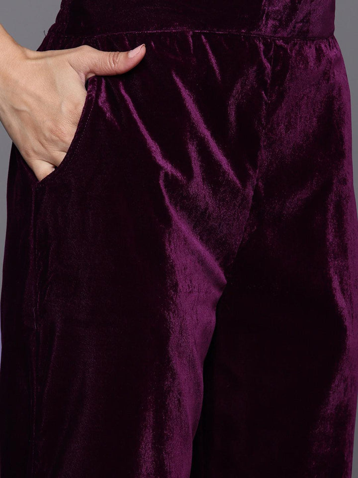 Wine Embroidered Velvet A-Line Kurta With Trousers & Dupatta - Libas