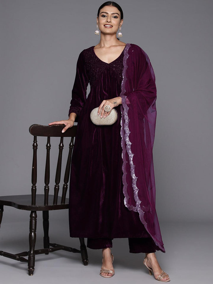 Wine Embroidered Velvet A-Line Kurta With Trousers & Dupatta - Libas