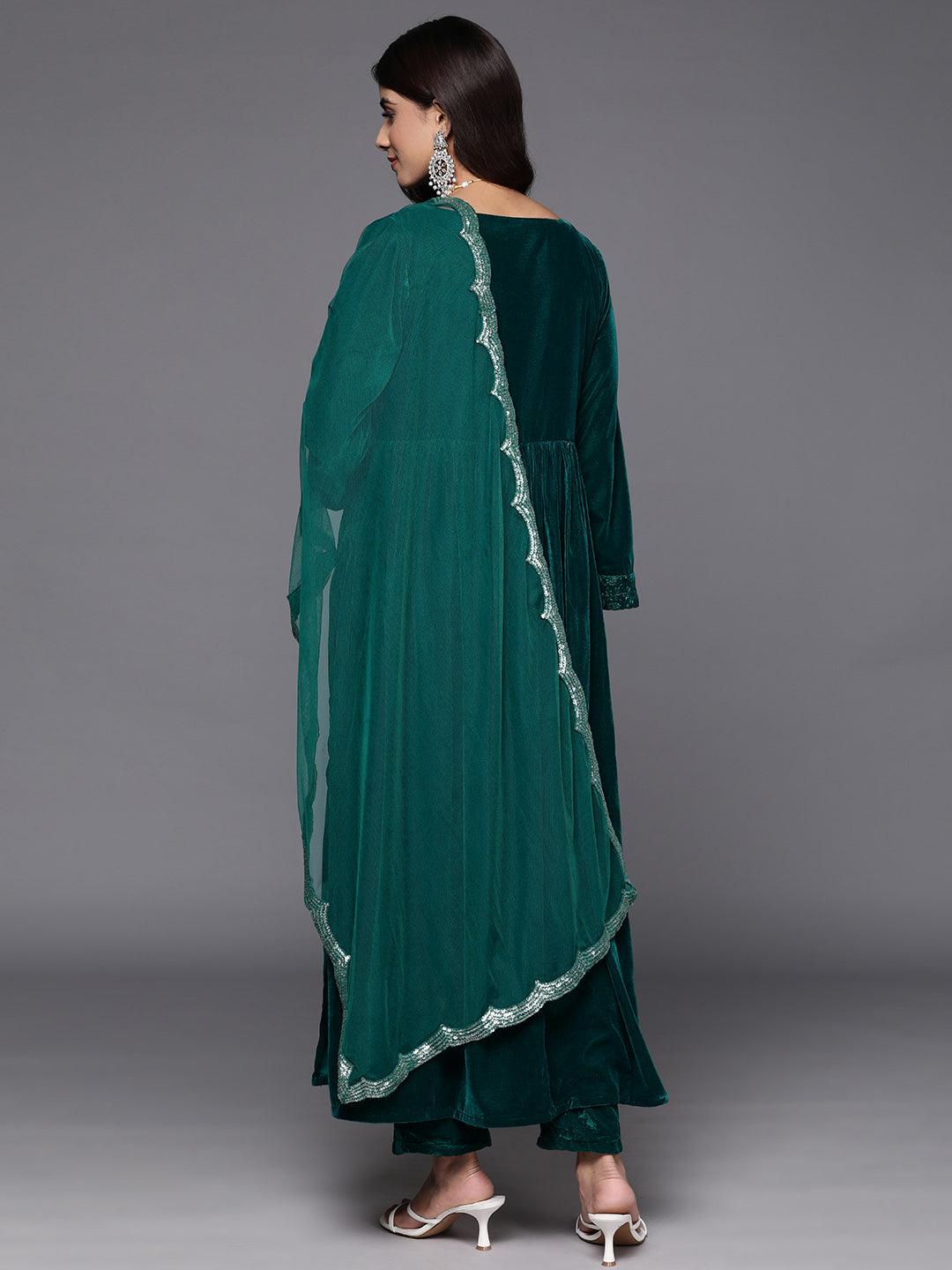 Green Embroidered Velvet A-Line Kurta With Trousers & Dupatta - Libas