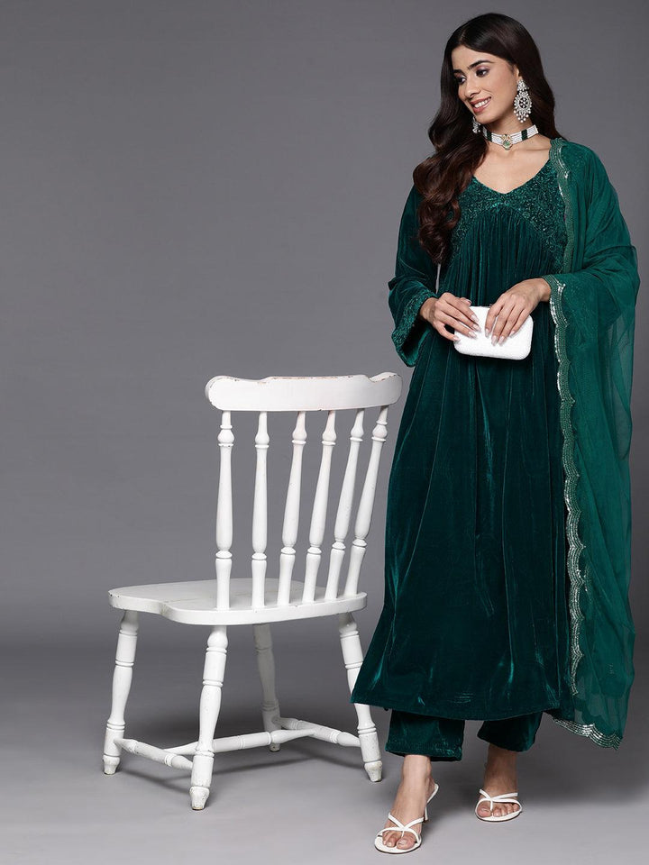 Green Embroidered Velvet A-Line Kurta With Trousers & Dupatta - Libas