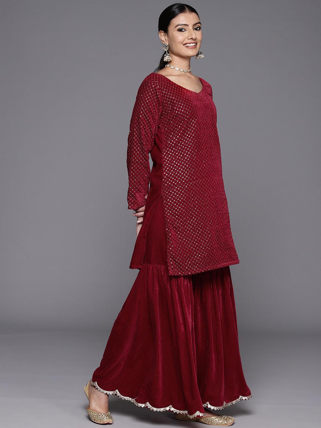 Maroon Embroidered Velvet Straight Kurta With Sharara & Dupatta - Libas