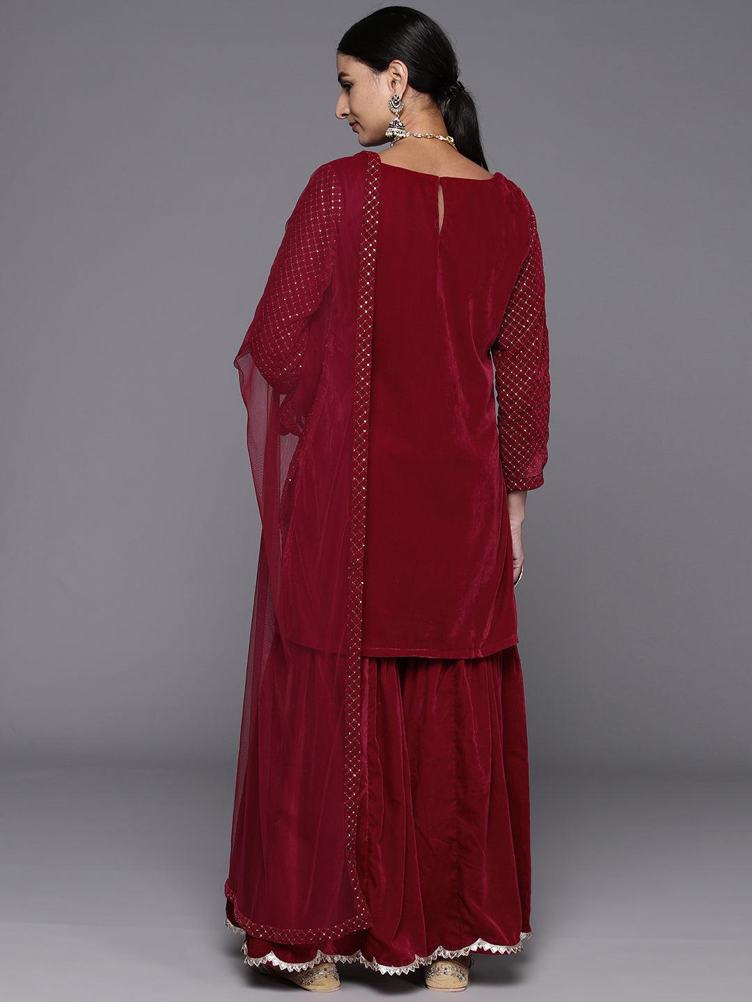 Maroon Embroidered Velvet Straight Kurta With Sharara & Dupatta - Libas