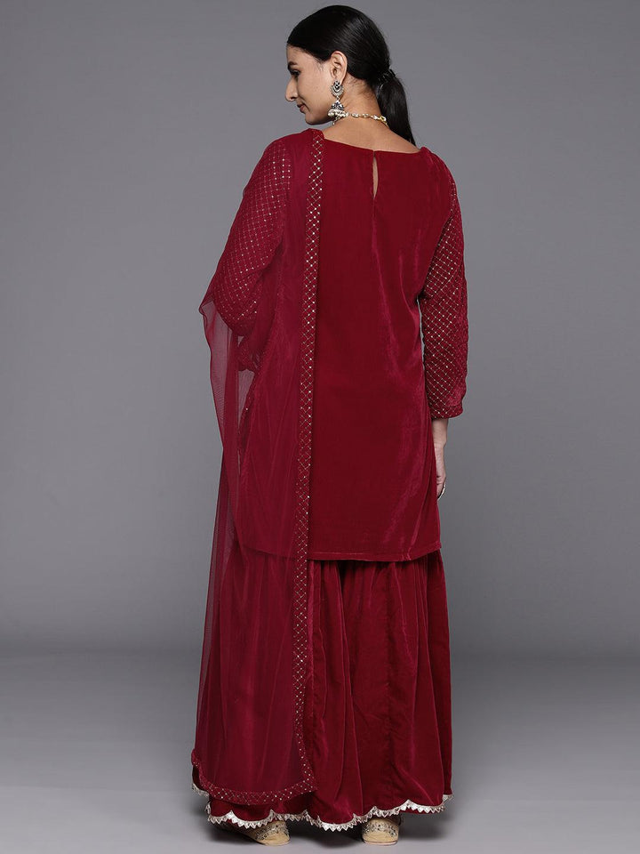 Maroon Embroidered Velvet Straight Kurta With Sharara & Dupatta - Libas