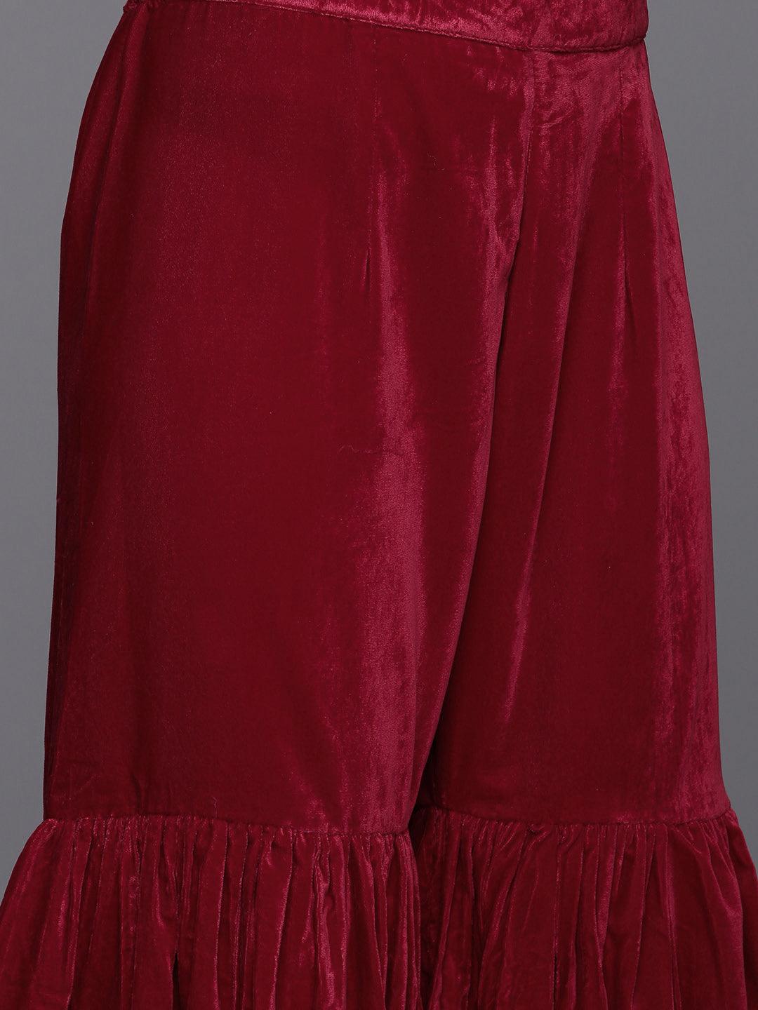 Maroon Embroidered Velvet Straight Kurta With Sharara & Dupatta - Libas