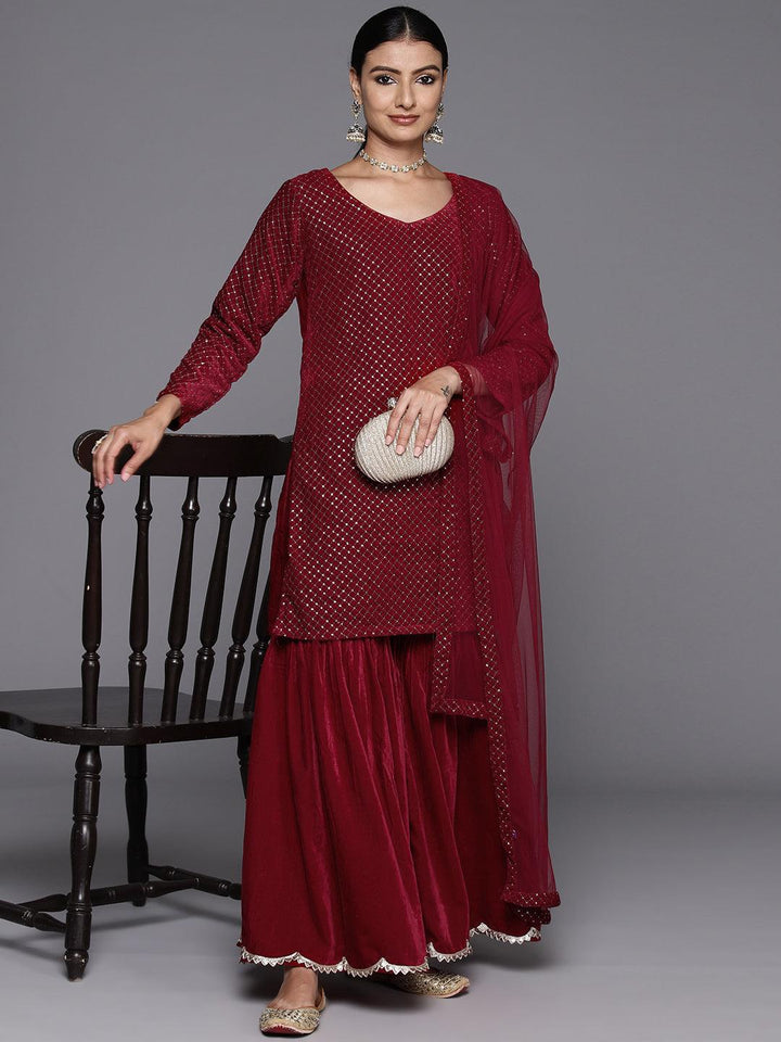 Maroon Embroidered Velvet Straight Kurta With Sharara & Dupatta - Libas